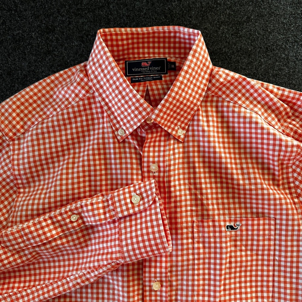 Vineyard Vines Mens M Slim Fit Tucker Shirt Orange Gingham Button Down Cotton